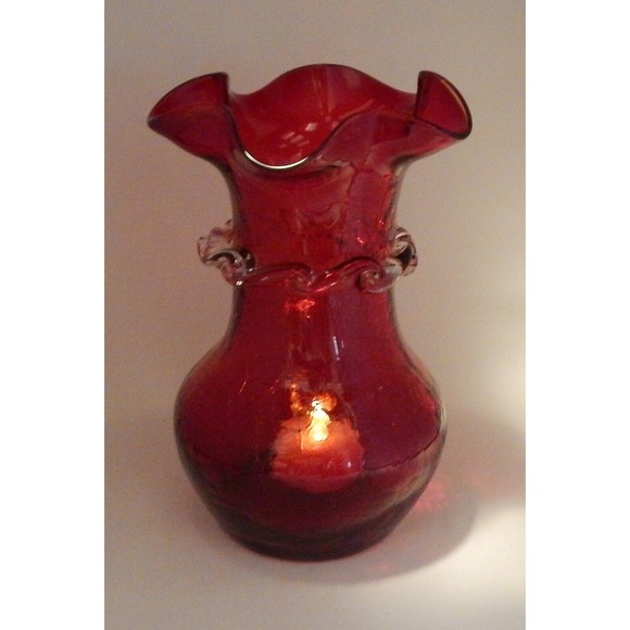 Kanawha Ruby Red Crackle Blown Glass Vase Applied Clear Rigaree Scroll - Picture 10 of 10